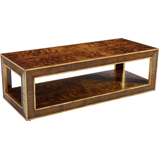 Cadre Cocktail Table by John-Richard in brown, gold and lucerne, distressed gold highlights. Made from zebralli wood in a unique style.