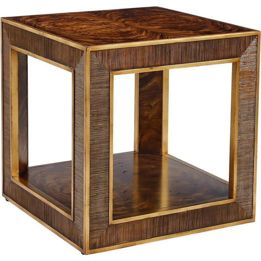 Cadre Side Table by John-Richard in brown, gold and lucerne, distressed gold highlights. Made from zebralli wood in a unique style.