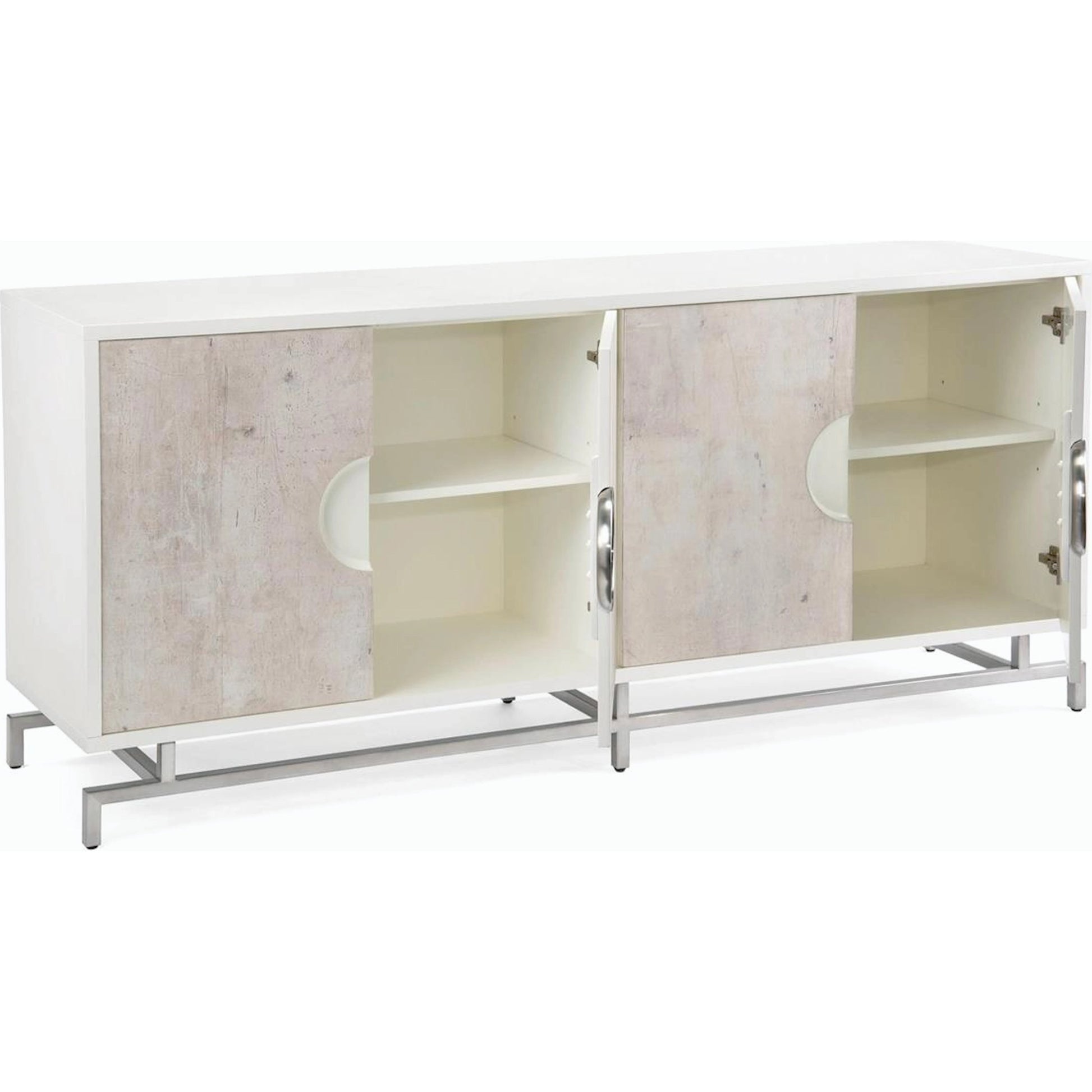 Dante Four-Door Credenza by John-Richard in beluga, stainless steel, white. Made from steel in a modern style.