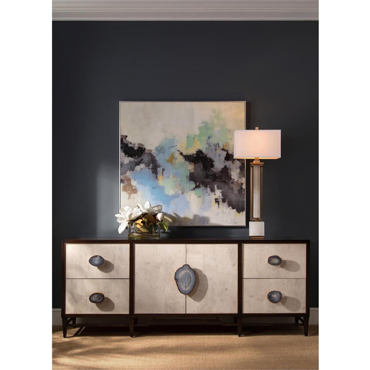 005 SR-864874 | Lifestyle | Mercia Credenza by John-Richard in black, gold, walnut. Made from stone in a transitional style.