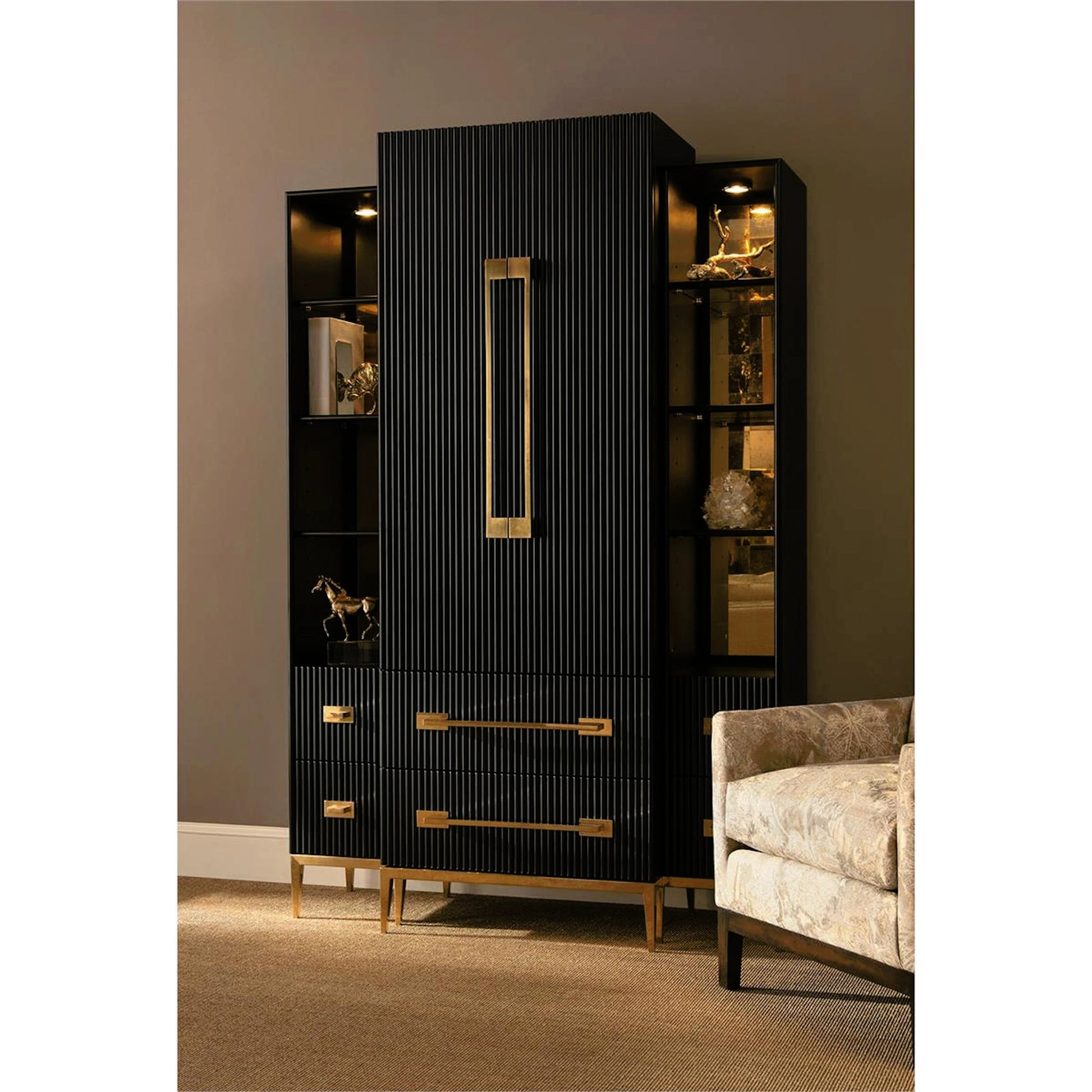 Black Satin Cabinet by John-Richard in black, brass, gold, stainless steel. Made from brass, steel in a transitional style.