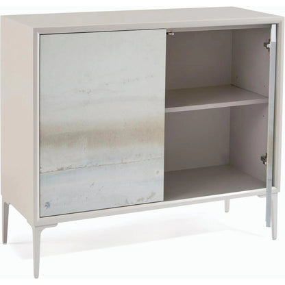 River Cabinet by John-Richard in blue, gray and light gray. Made from tulip, mdf, giclee, aluminum in a coastal style.