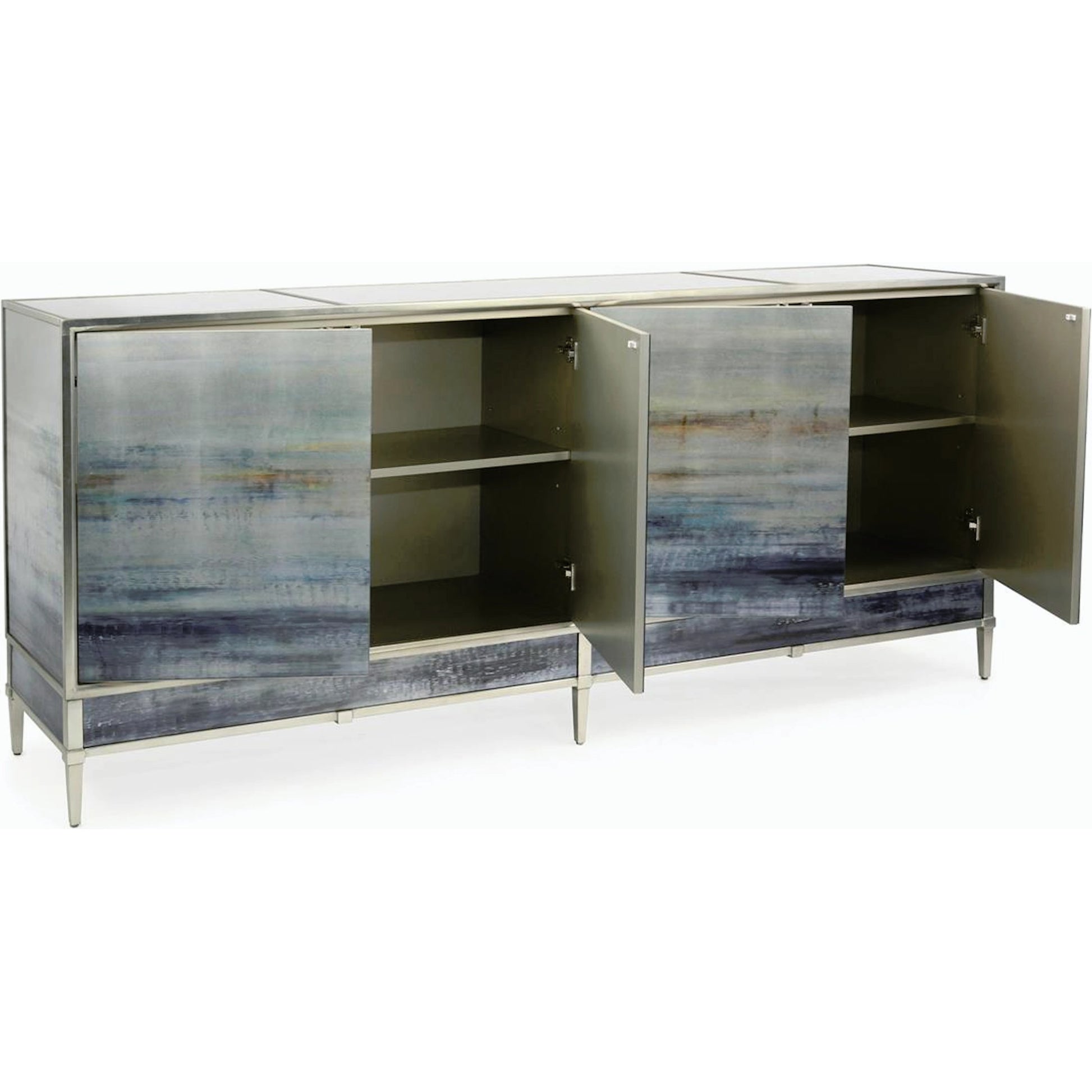 Shaye Rawson's Spring Rain Sideboard by John-Richard in pewter, silver. Made from glass, steel in a coastal style.