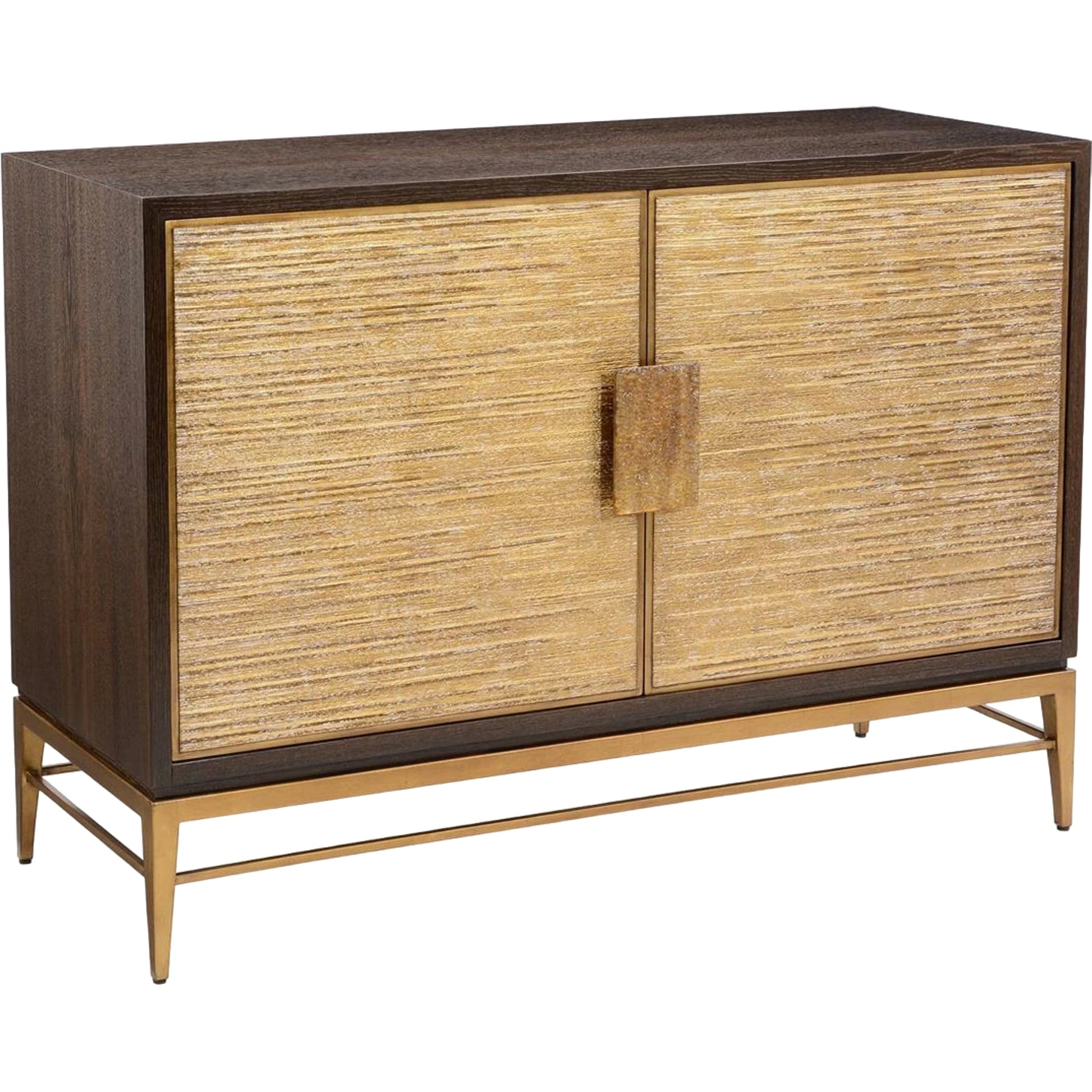 Walthall Cabinet by John-Richard in black and smoked oak, gold. Made from glass, steel in a transitional style.