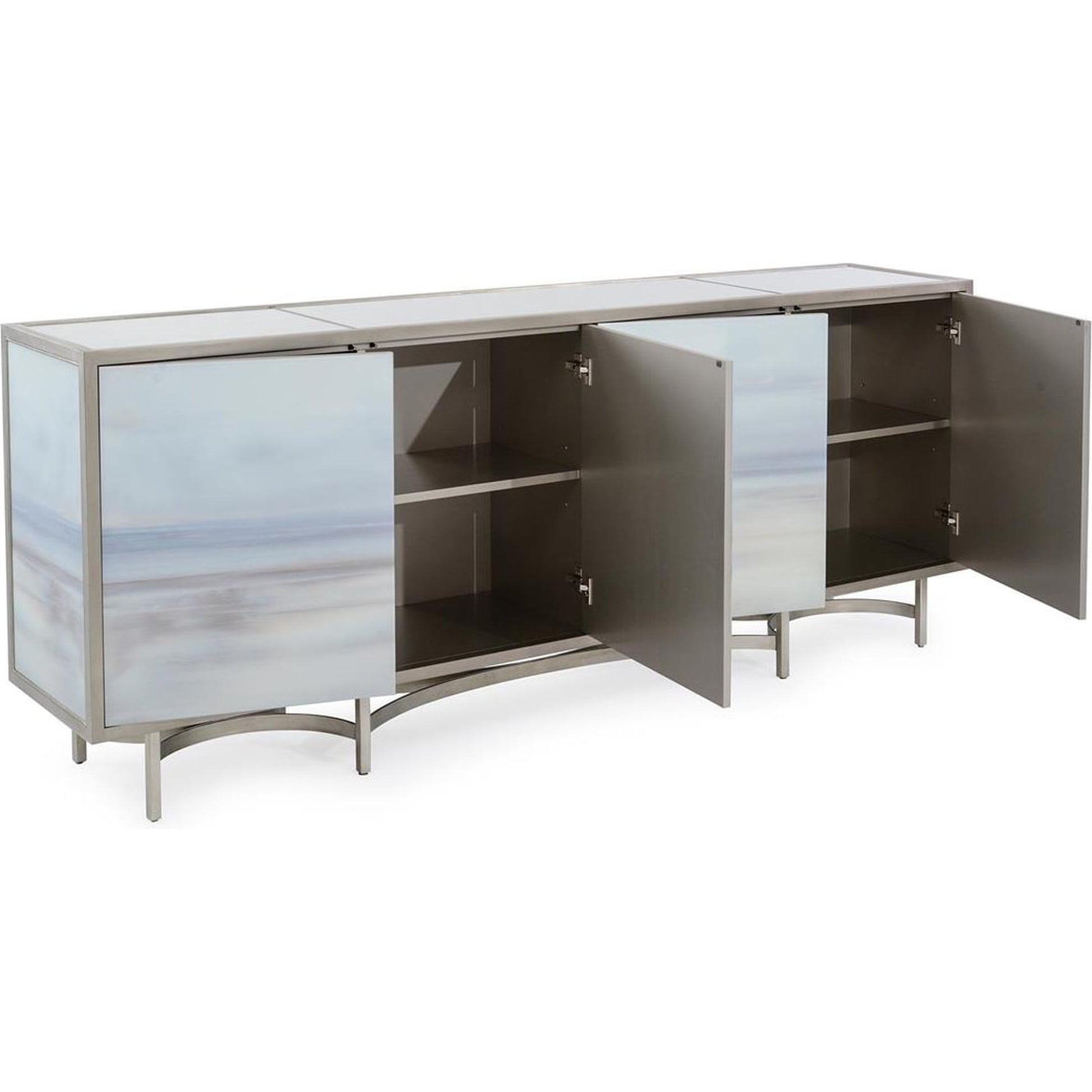 Simpatico Cabinet by John-Richard in pewter. Made from glass in a transitional style.