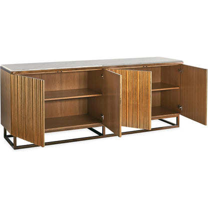 Destello Four-Door Credenza by John-Richard in black and gold coast. Made from oak wood, steel, marble in a modern style.