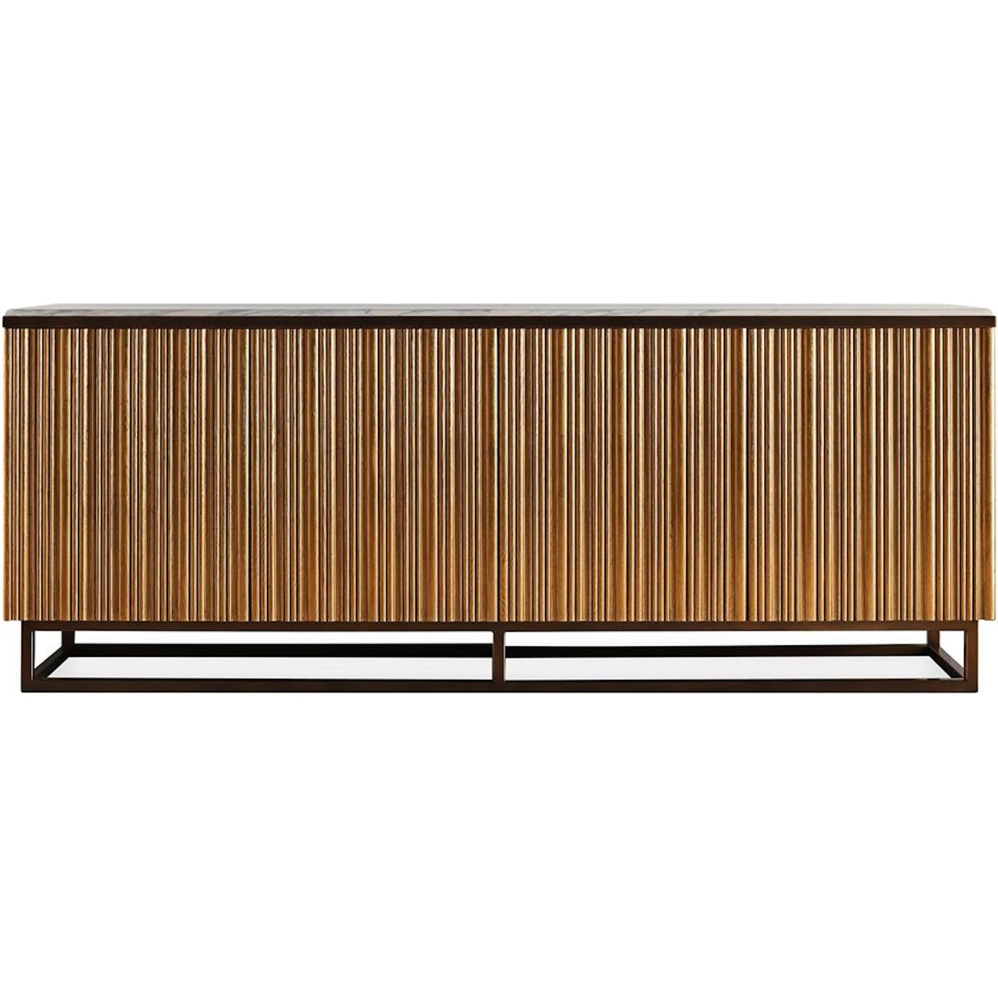 Destello Four-Door Credenza by John-Richard in black and gold coast. Made from oak wood, steel, marble in a modern style.