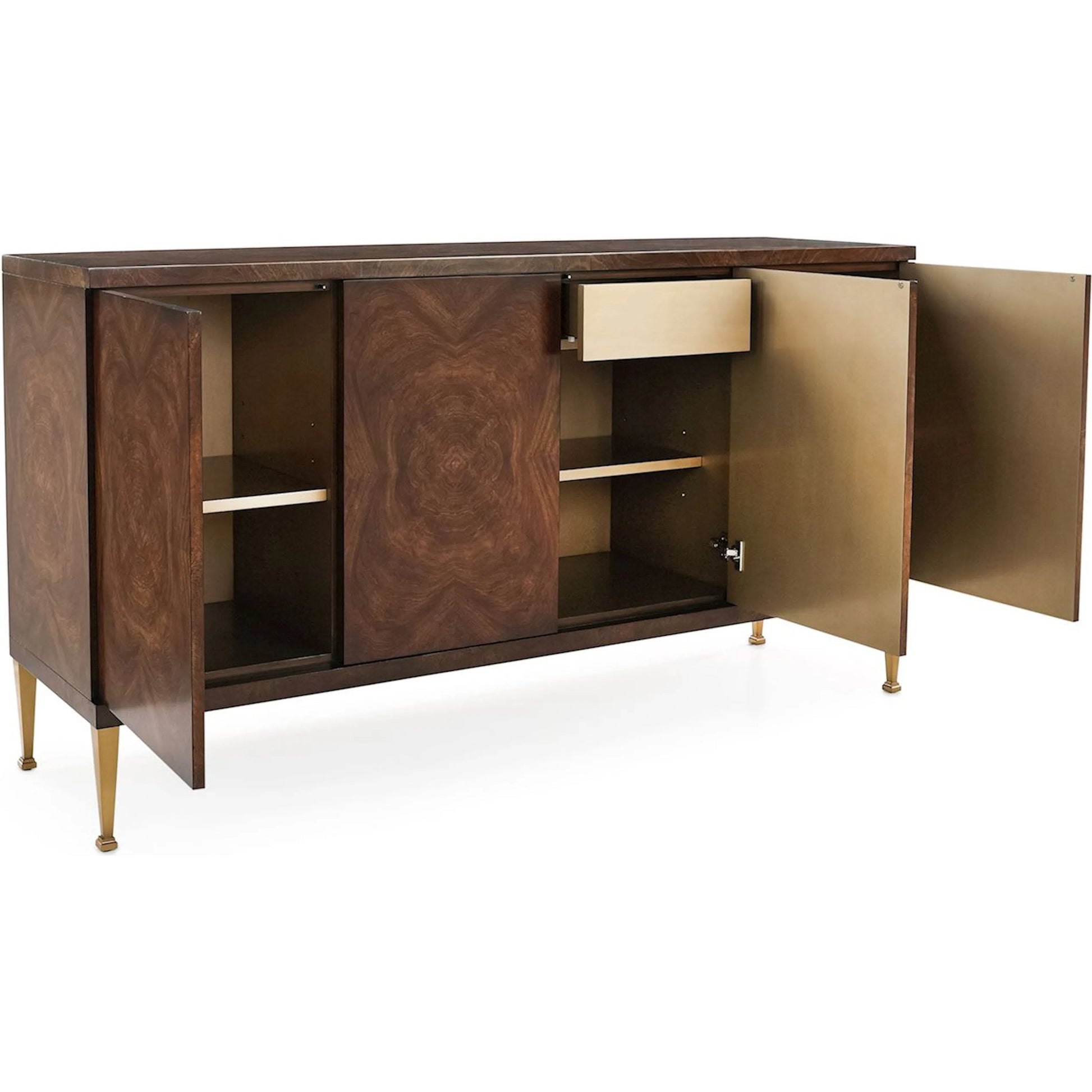 Bosco Four-Door Credenza by John-Richard in black and chatsworth, brushed brass. Made from cerejeira, celtis, stainless steel in a traditional style.