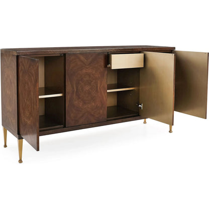 Bosco Four-Door Credenza by John-Richard in black and chatsworth, brushed brass. Made from cerejeira, celtis, stainless steel in a traditional style.