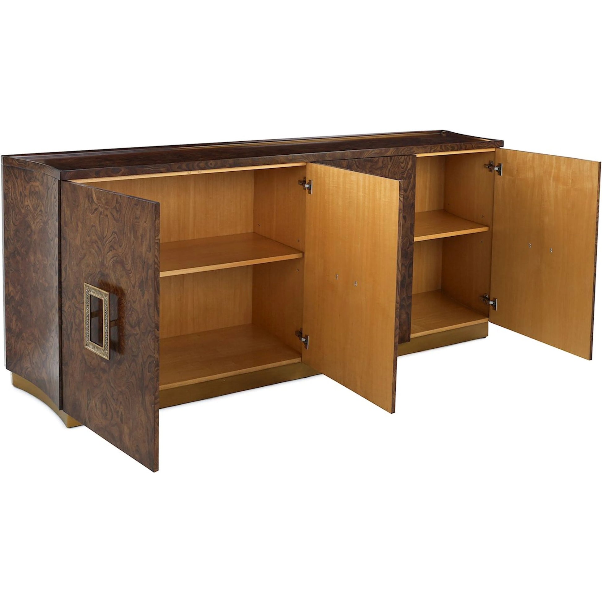 Elwyn Four-Door Credenza by John-Richard in black and ember, english brass. Made from elm burl, celtis wood, steel in a transitional style.