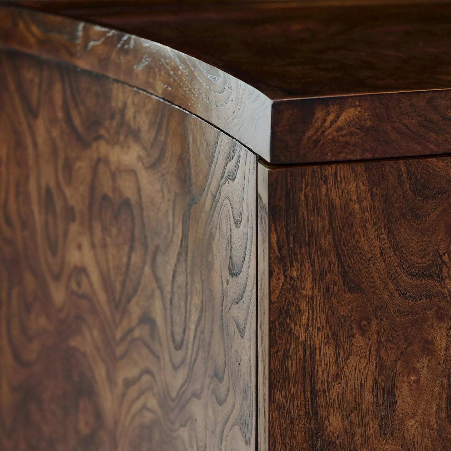 005 SI-2373194 | Closeup | Elwyn Four-Door Credenza by John-Richard in black and ember, english brass. Made from elm burl, celtis wood, steel in a transitional style.