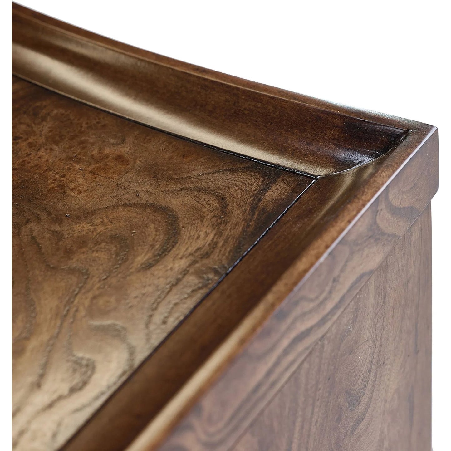 006 SI-2373194 | Closeup | Elwyn Four-Door Credenza by John-Richard in black and ember, english brass. Made from elm burl, celtis wood, steel in a transitional style.