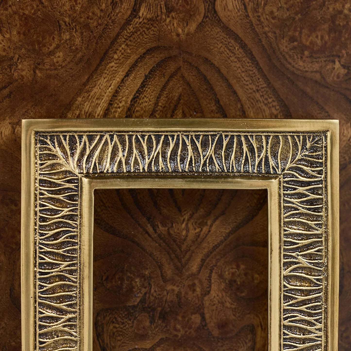 008 SI-2373194 | Closeup | Elwyn Four-Door Credenza by John-Richard in black and ember, english brass. Made from elm burl, celtis wood, steel in a transitional style.