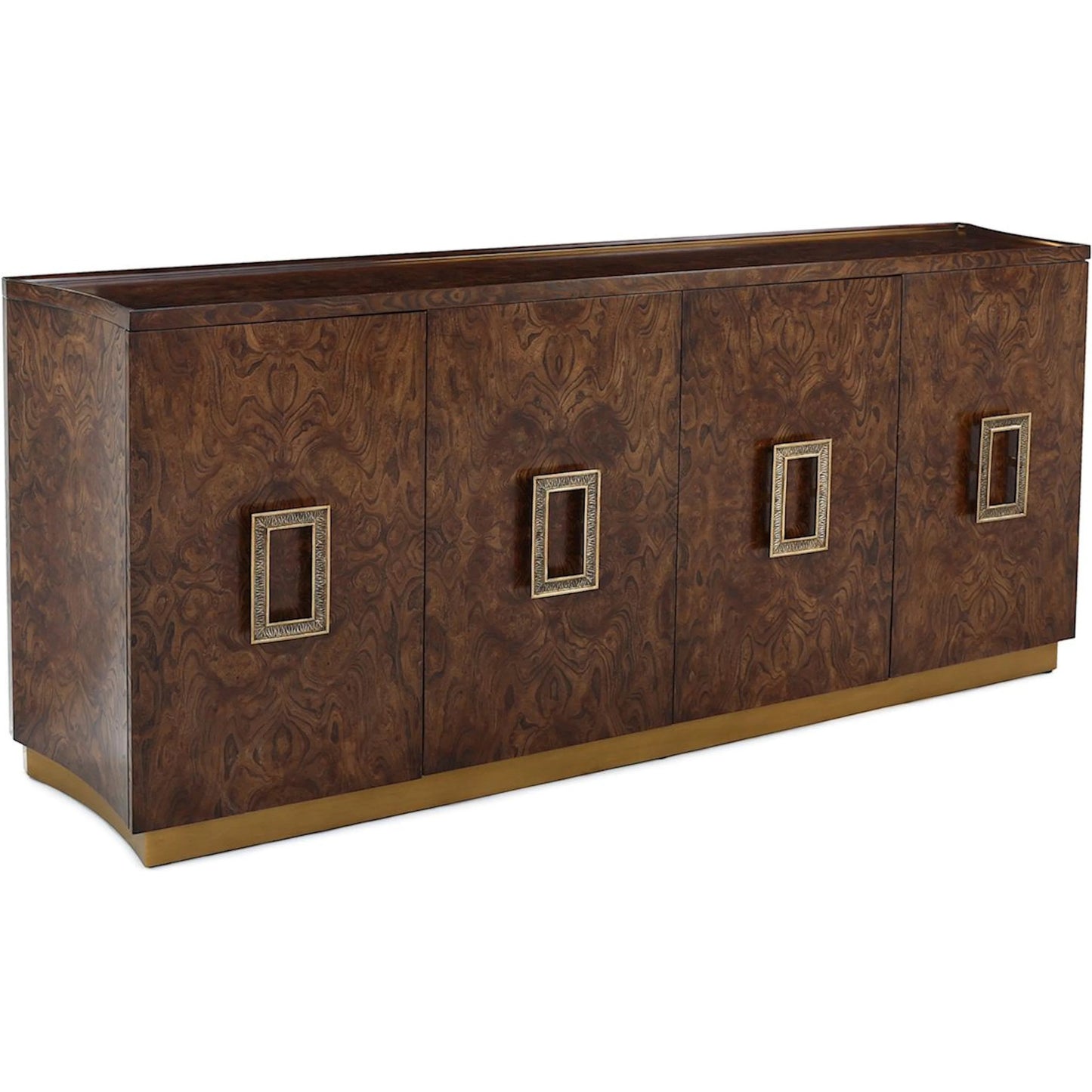 001 SI-2373194 | Primary Silo | Elwyn Four-Door Credenza by John-Richard in black and ember, english brass. Made from elm burl, celtis wood, steel in a transitional style.