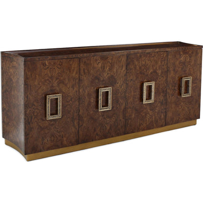 Elwyn Four-Door Credenza by John-Richard in black and ember, english brass. Made from elm burl, celtis wood, steel in a transitional style.