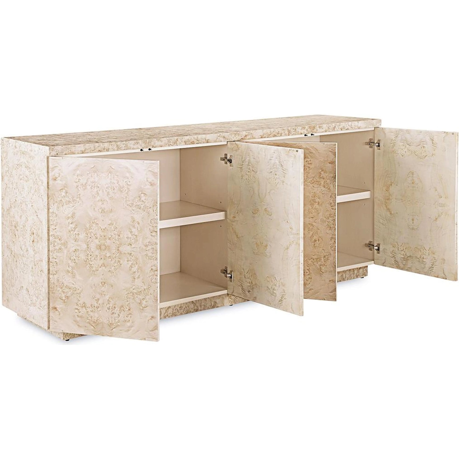 Envoy Four-Door Credenza by John-Richard in white and canvass. Made from mappa burl in a transitional style.