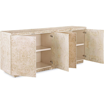 Envoy Four-Door Credenza by John-Richard in white and canvass. Made from mappa burl in a transitional style.