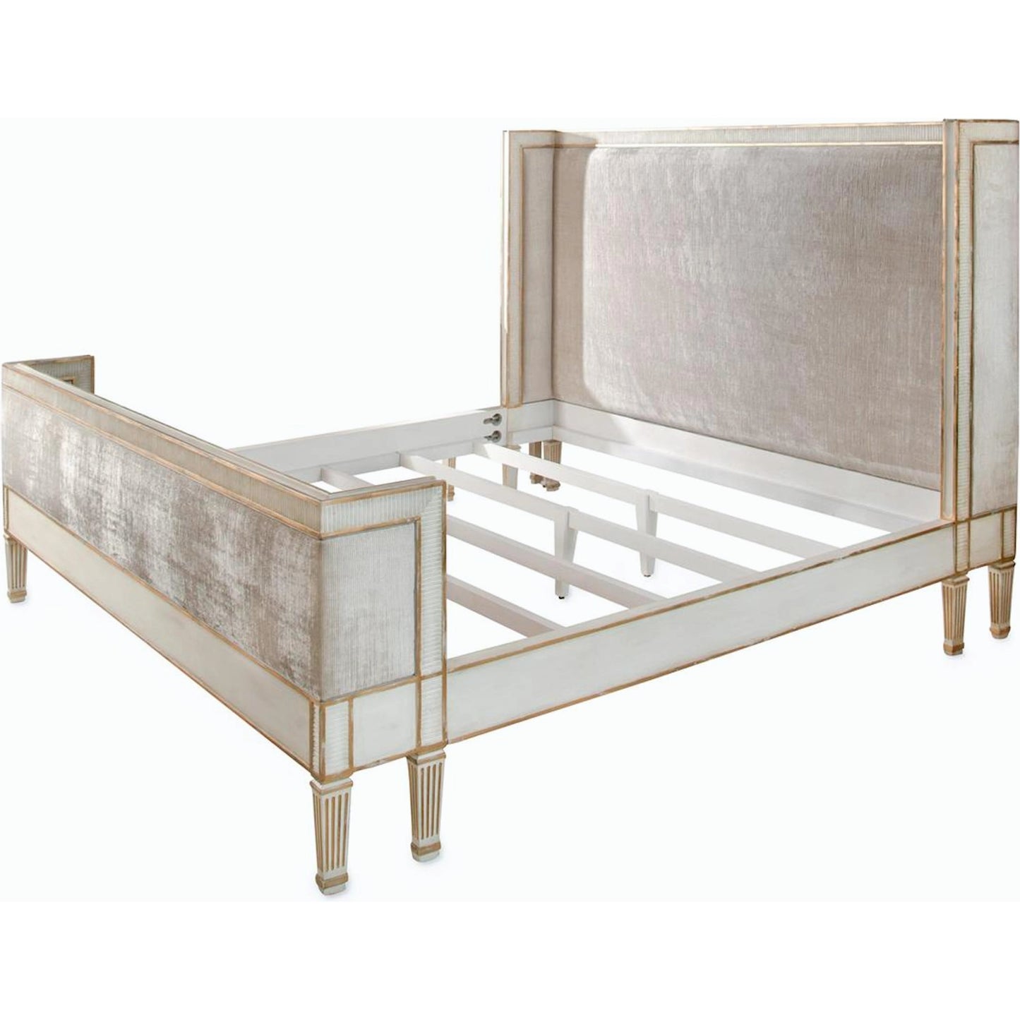 009 SR-772055 | Primary Silo | Vallejo Bed by John-Richard in beluga, gold and antique beluga, distressed gold, notra dame smoke. Made from beech, resin, plywood, mdf, fabric in a traditional style.