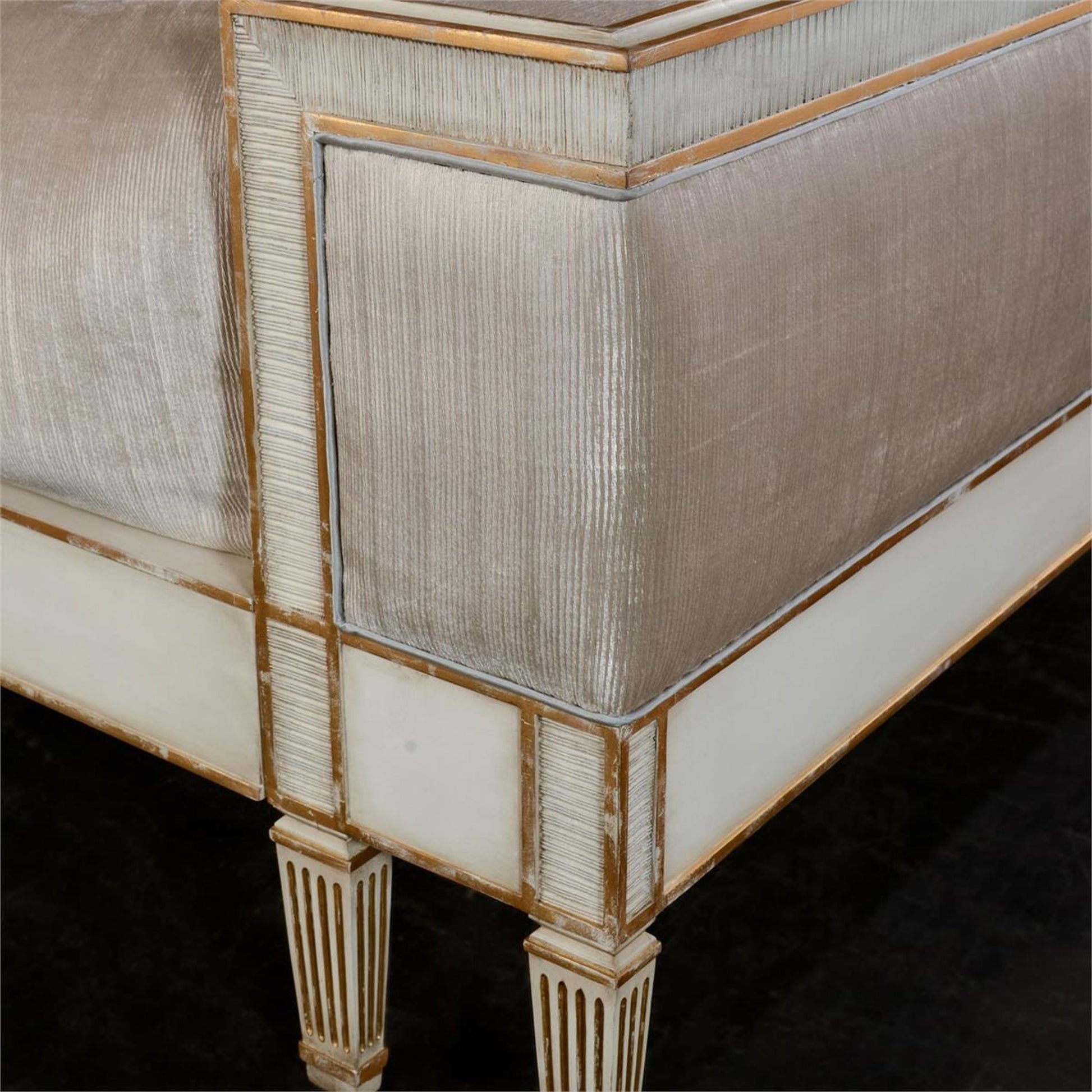 Vallejo Bed by John-Richard in beluga, gold and antique beluga, distressed gold, notra dame smoke. Made from beech, resin, plywood, mdf, fabric in a traditional style.