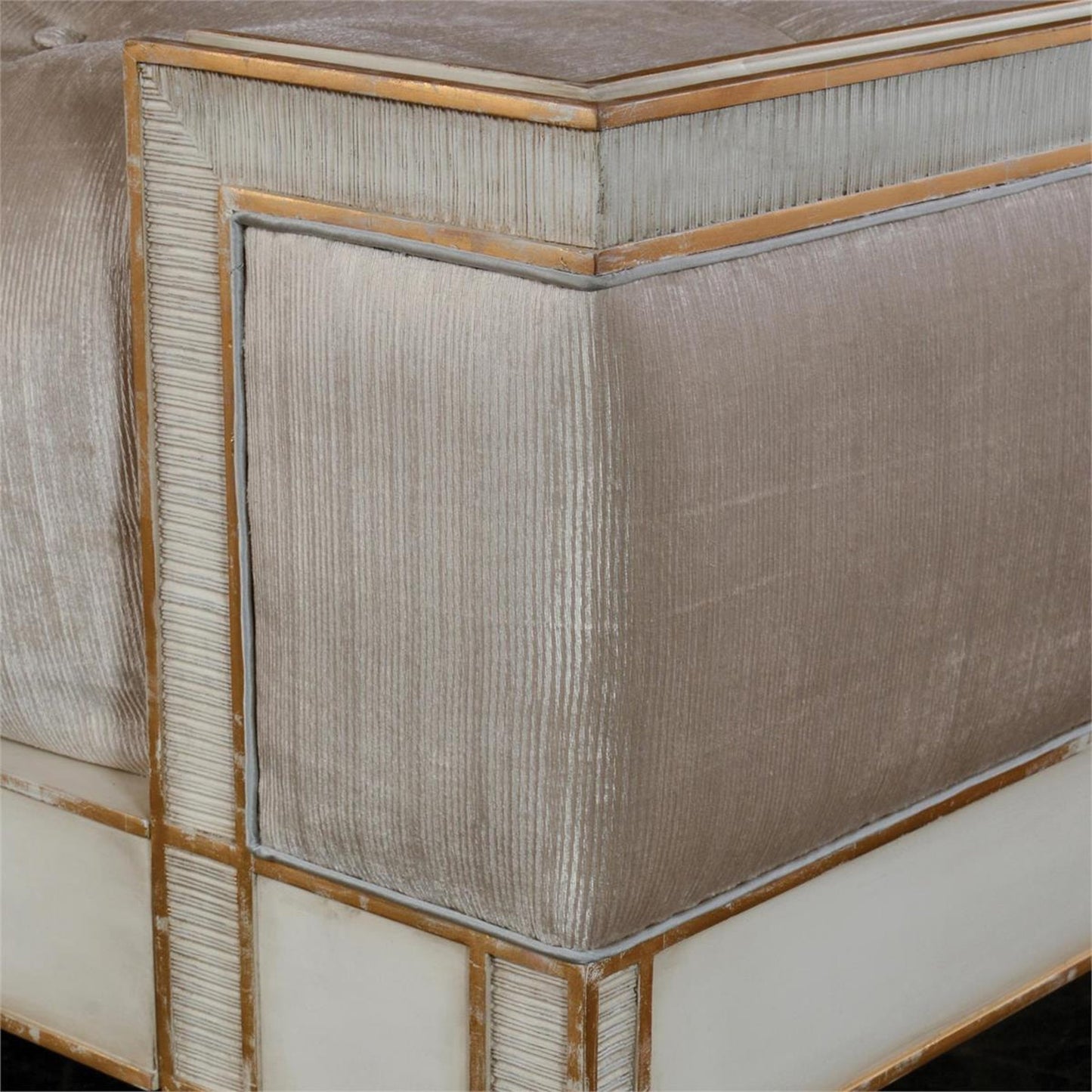 007 SR-772055 | Closeup | Vallejo Bed by John-Richard in beluga, gold and antique beluga, distressed gold, notra dame smoke. Made from beech, resin, plywood, mdf, fabric in a traditional style.