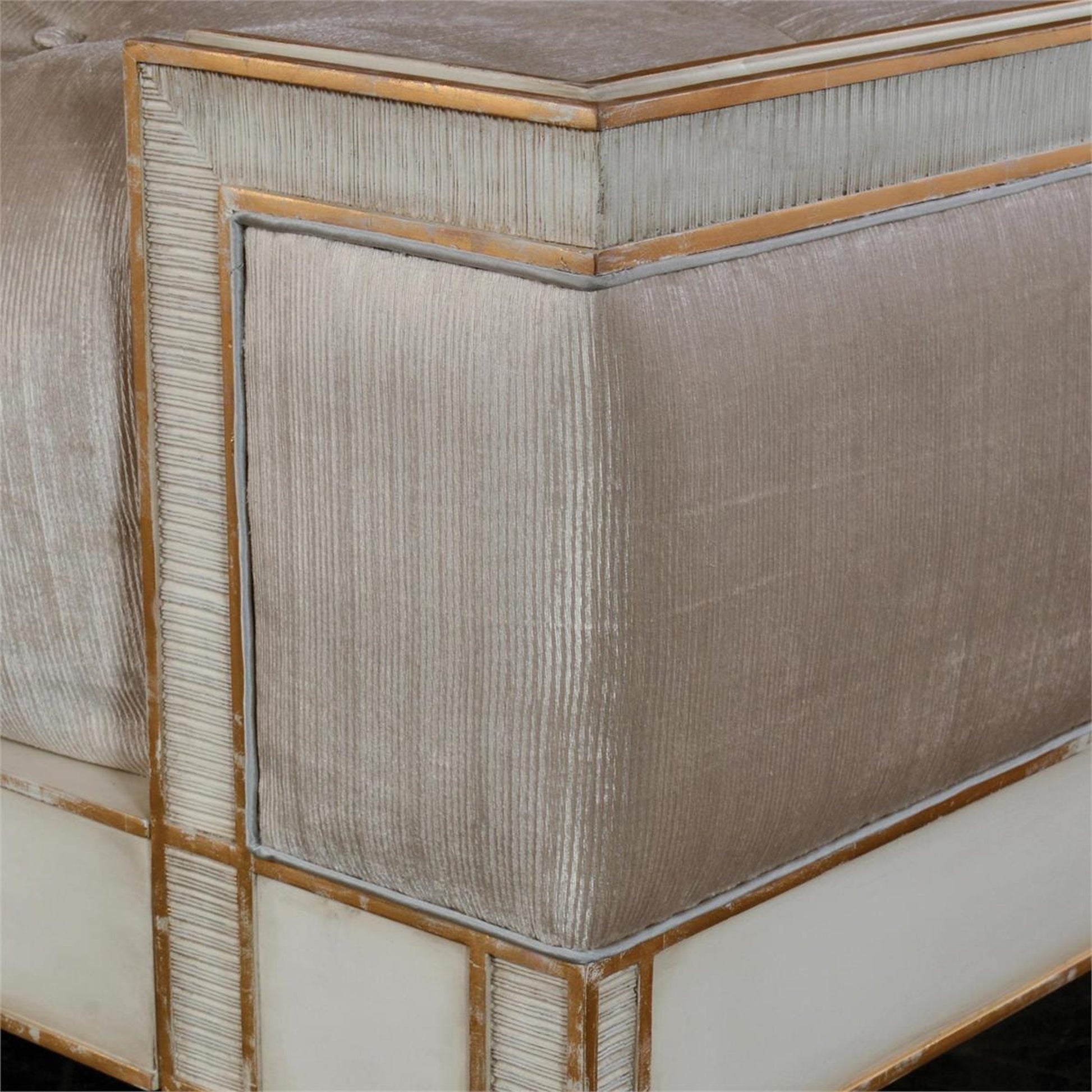 Vallejo Bed by John-Richard in beluga, gold and antique beluga, distressed gold, notra dame smoke. Made from beech, resin, plywood, mdf, fabric in a traditional style.