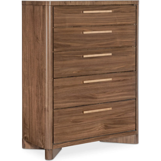 Eleana Five Drawer Chest by Hooker Furniture in light caramel, quartered walnut veneers, sunlit bronze metal. Made from walnut veneers in a traditional style.