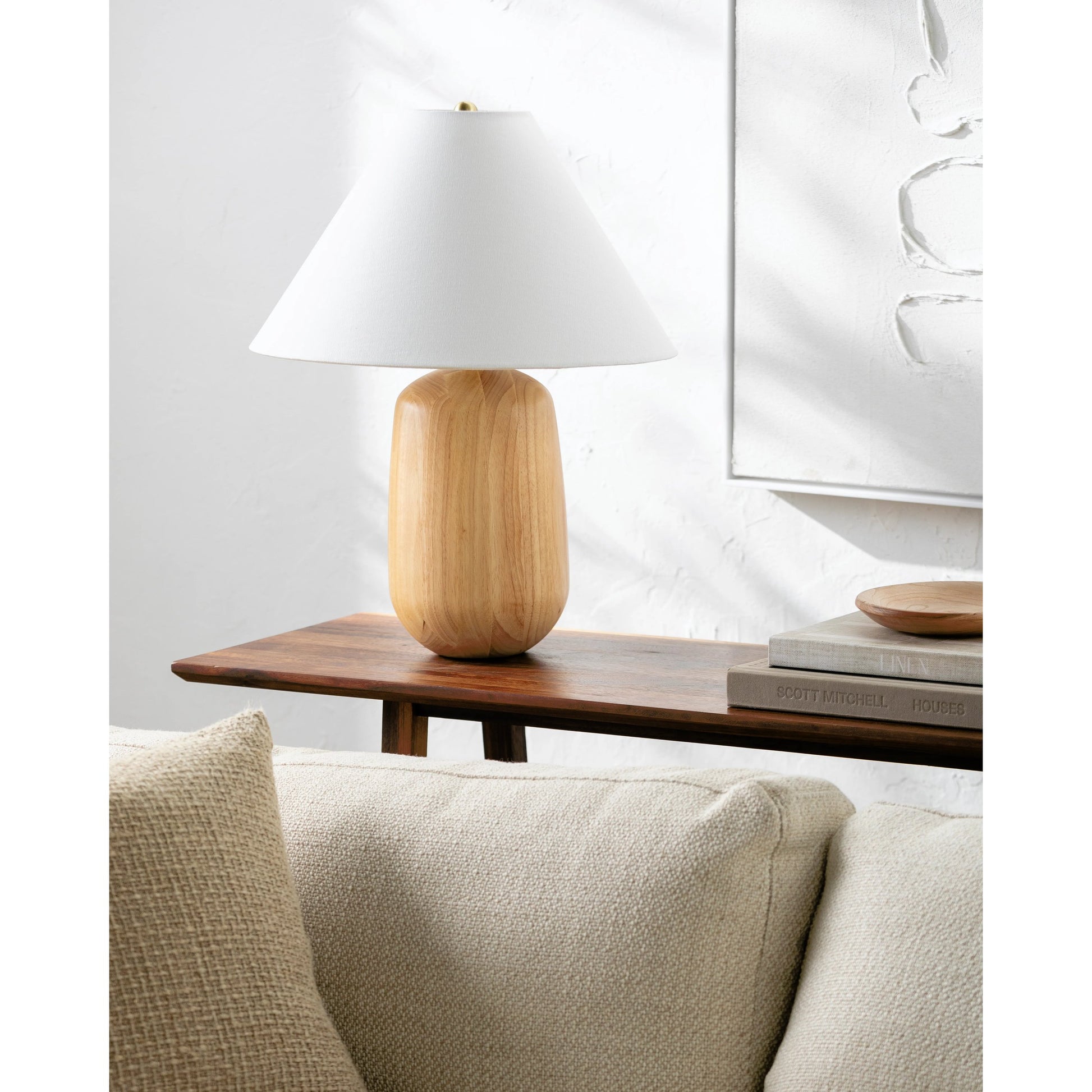 Evan Accent Table Lamp - 535756 by Surya in white, beige, translucent, metallic brass and natural. Made from wood veneer, linen, polystyrene, iron in a transitional style.
