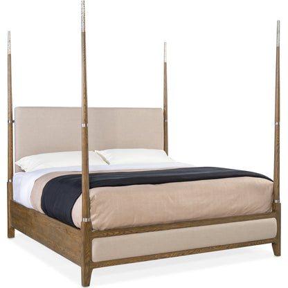 Chapman Four Poster Bed by Hooker Furniture in samantha taupe and sorrel. Made from white oak veneers with metal, fabric in a modern style.