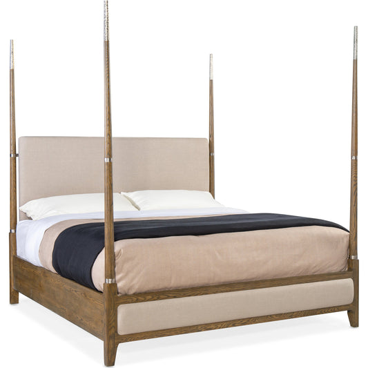 Chapman Four Poster Bed by Hooker Furniture in samantha taupe and sorrel. Made from white oak veneers with metal, fabric in a modern style.