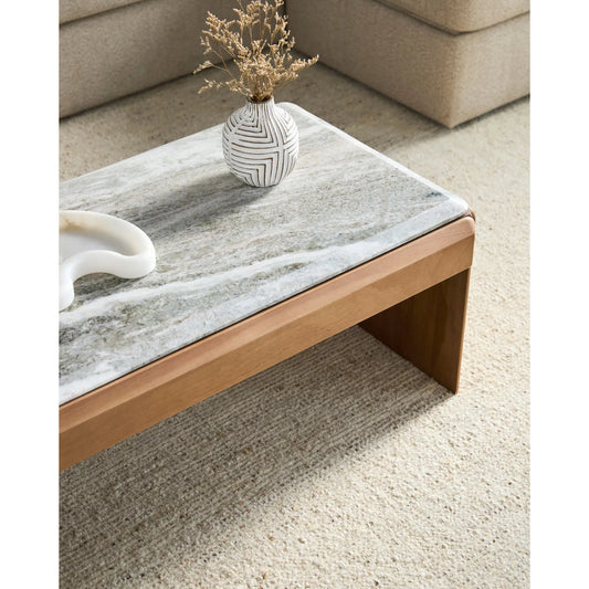 Evryn Coffee Table by Surya in white, brown. Made from marble, mango wood in a modern style.