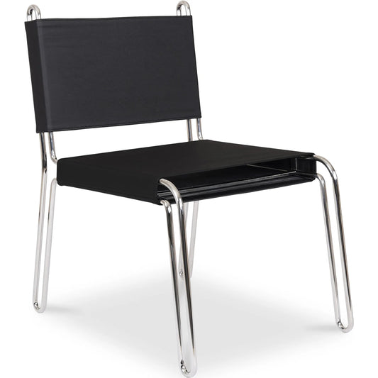 Petra Leather Accent Chair by Moe's Home Collection in black. Made from top grain leather, polished stainless steel frame, black cotton canvas seat support in a unique style.