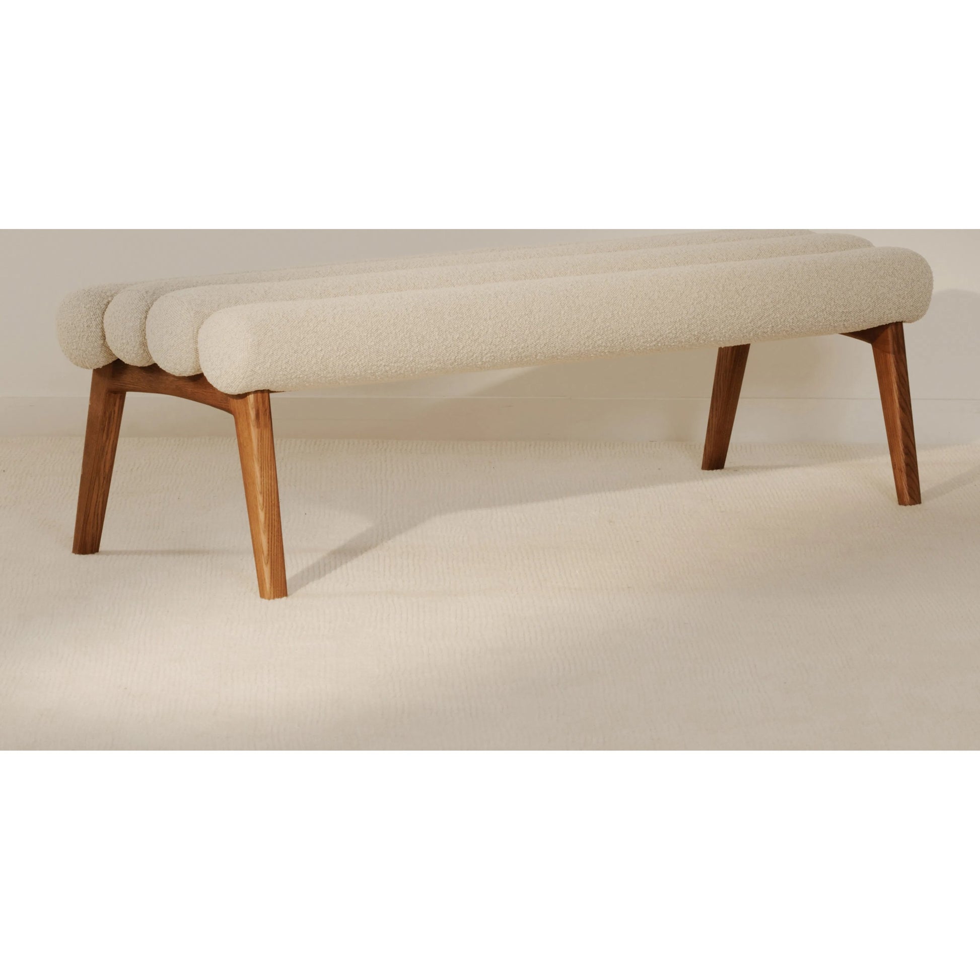 Arlo Bench Performance Fabric by Moe's Home Collection in dark green and walnut. Made from upholstery: 100% polyester, ash wood legs, high density foam seat, plywood, metal frame in a unique style.