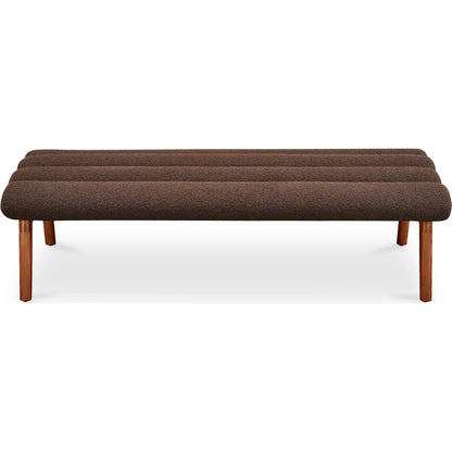 Arlo Bench Performance Fabric by Moe's Home Collection in dark green and walnut. Made from upholstery: 100% polyester, ash wood legs, high density foam seat, plywood, metal frame in a unique style.