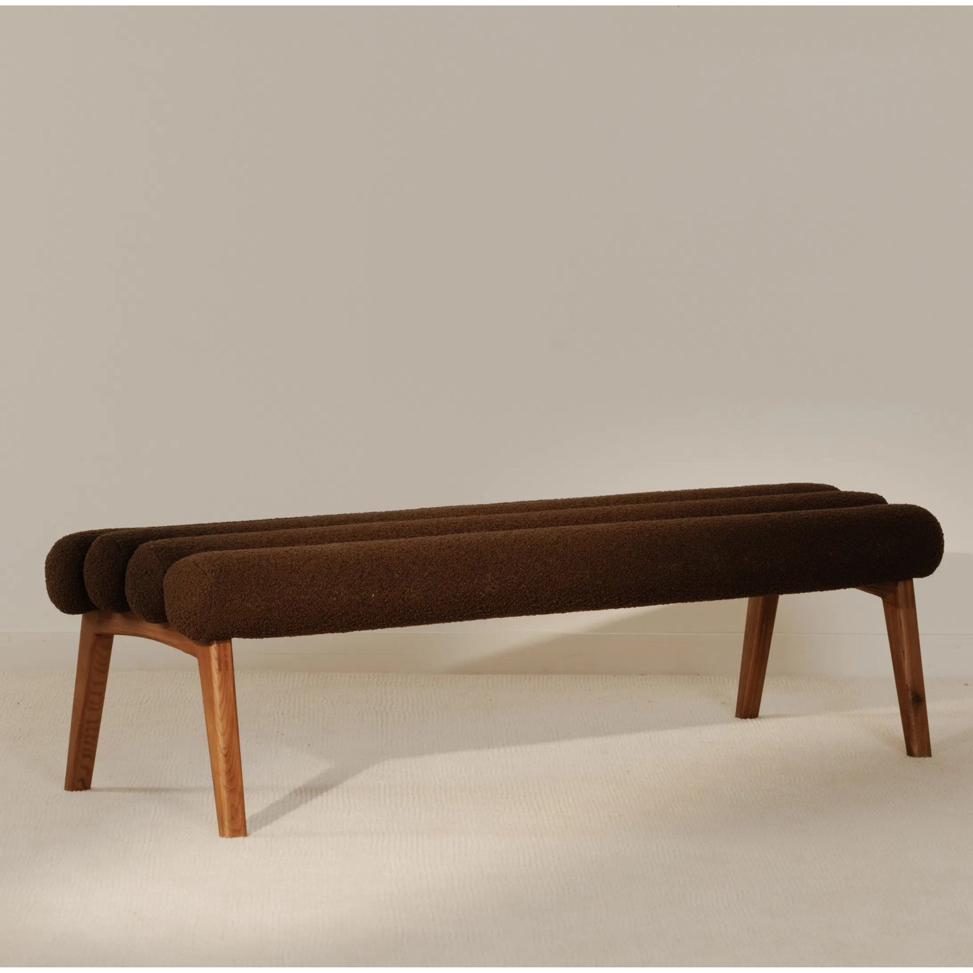 Arlo Bench Performance Fabric by Moe's Home Collection in dark green and walnut. Made from upholstery: 100% polyester, ash wood legs, high density foam seat, plywood, metal frame in a unique style.