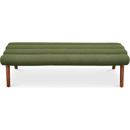 Arlo Bench Performance Fabric by Moe's Home Collection in dark green and walnut. Made from upholstery: 100% polyester, ash wood legs, high density foam seat, plywood, metal frame in a unique style.