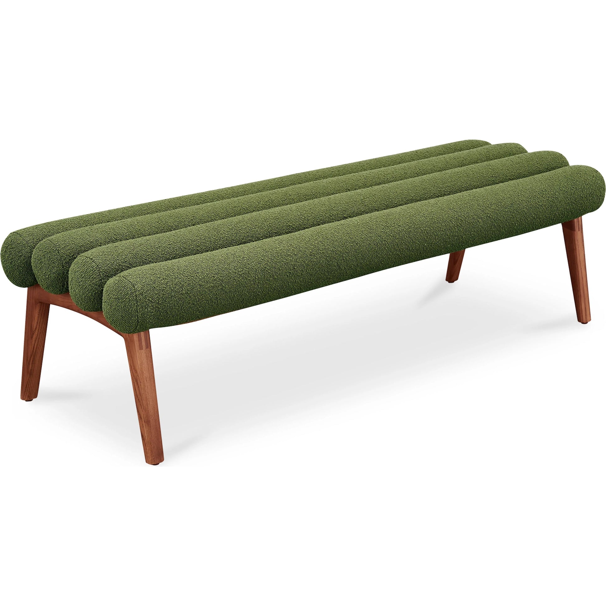 Arlo Bench Performance Fabric by Moe's Home Collection in dark green and walnut. Made from upholstery: 100% polyester, ash wood legs, high density foam seat, plywood, metal frame in a unique style.