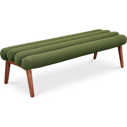 Arlo Bench Performance Fabric by Moe's Home Collection in dark green and walnut. Made from upholstery: 100% polyester, ash wood legs, high density foam seat, plywood, metal frame in a unique style.
