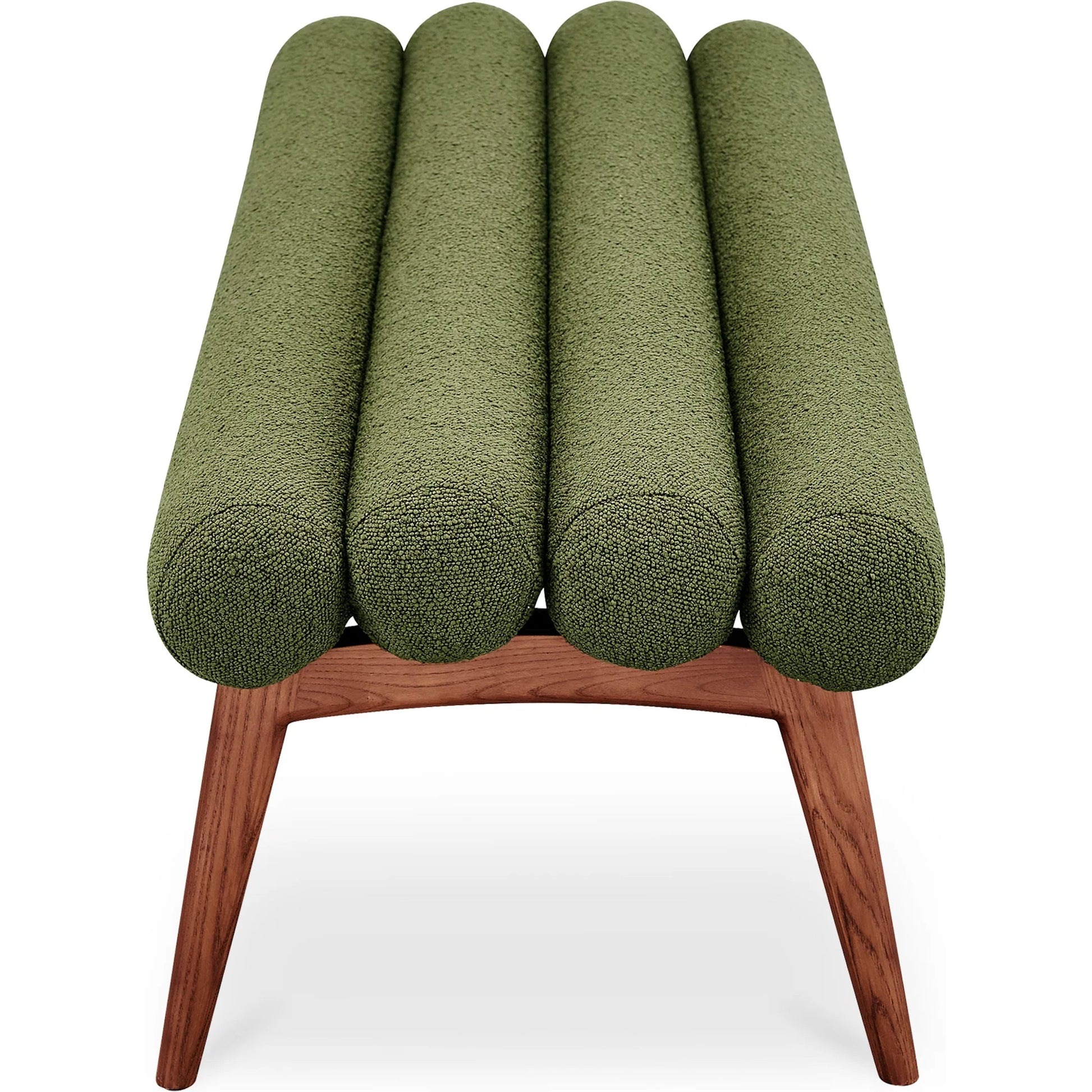 Arlo Bench Performance Fabric by Moe's Home Collection in dark green and walnut. Made from upholstery: 100% polyester, ash wood legs, high density foam seat, plywood, metal frame in a unique style.