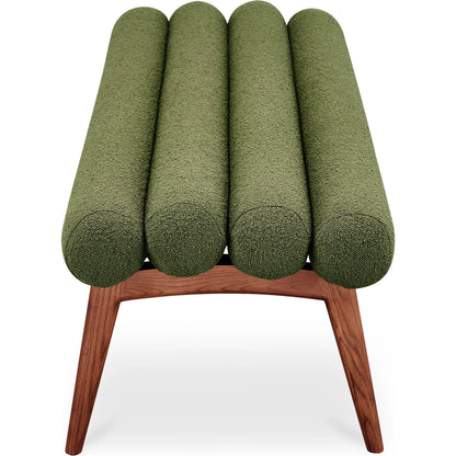 Arlo Bench Performance Fabric by Moe's Home Collection in dark green and walnut. Made from upholstery: 100% polyester, ash wood legs, high density foam seat, plywood, metal frame in a unique style.