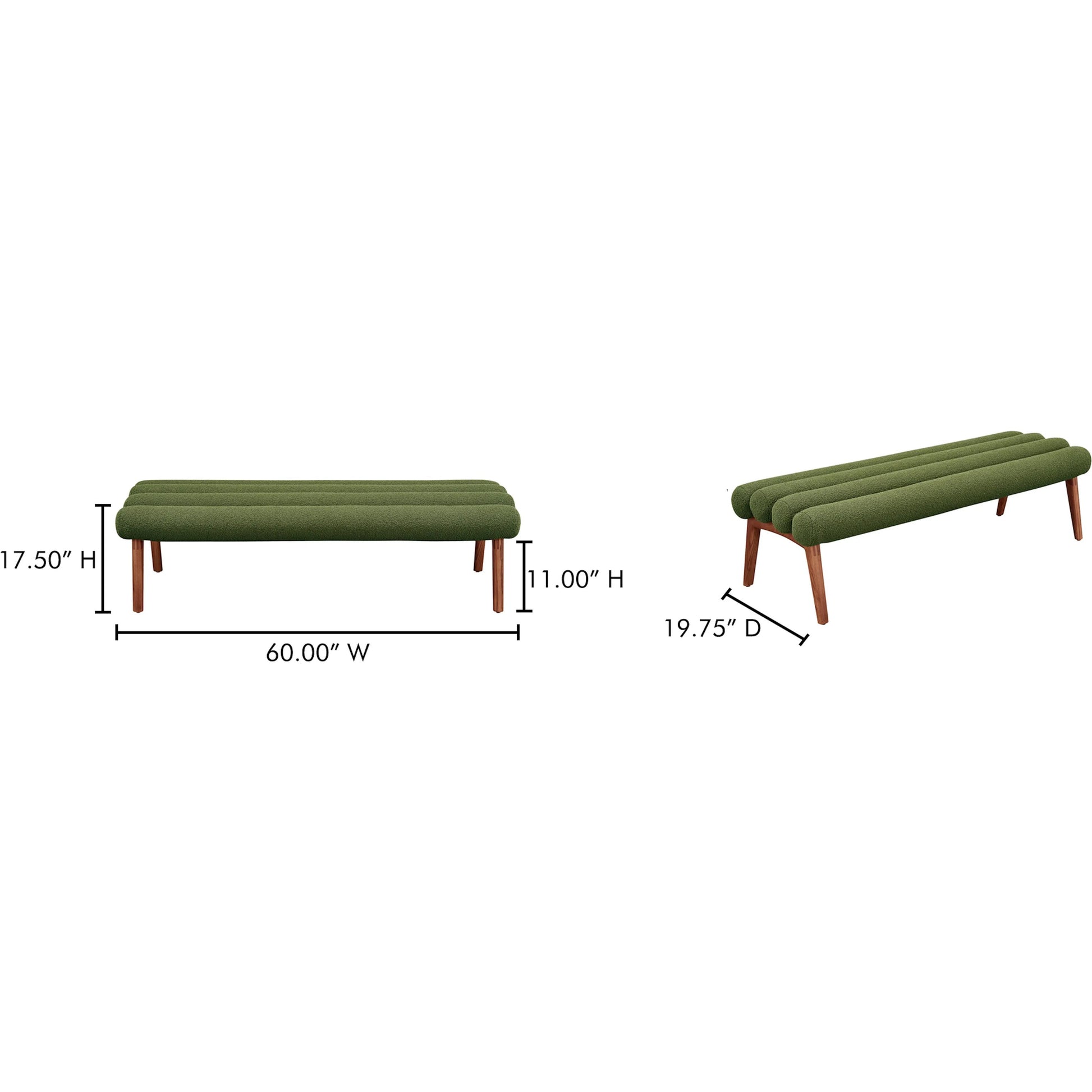 Arlo Bench Performance Fabric by Moe's Home Collection in dark green and walnut. Made from upholstery: 100% polyester, ash wood legs, high density foam seat, plywood, metal frame in a unique style.