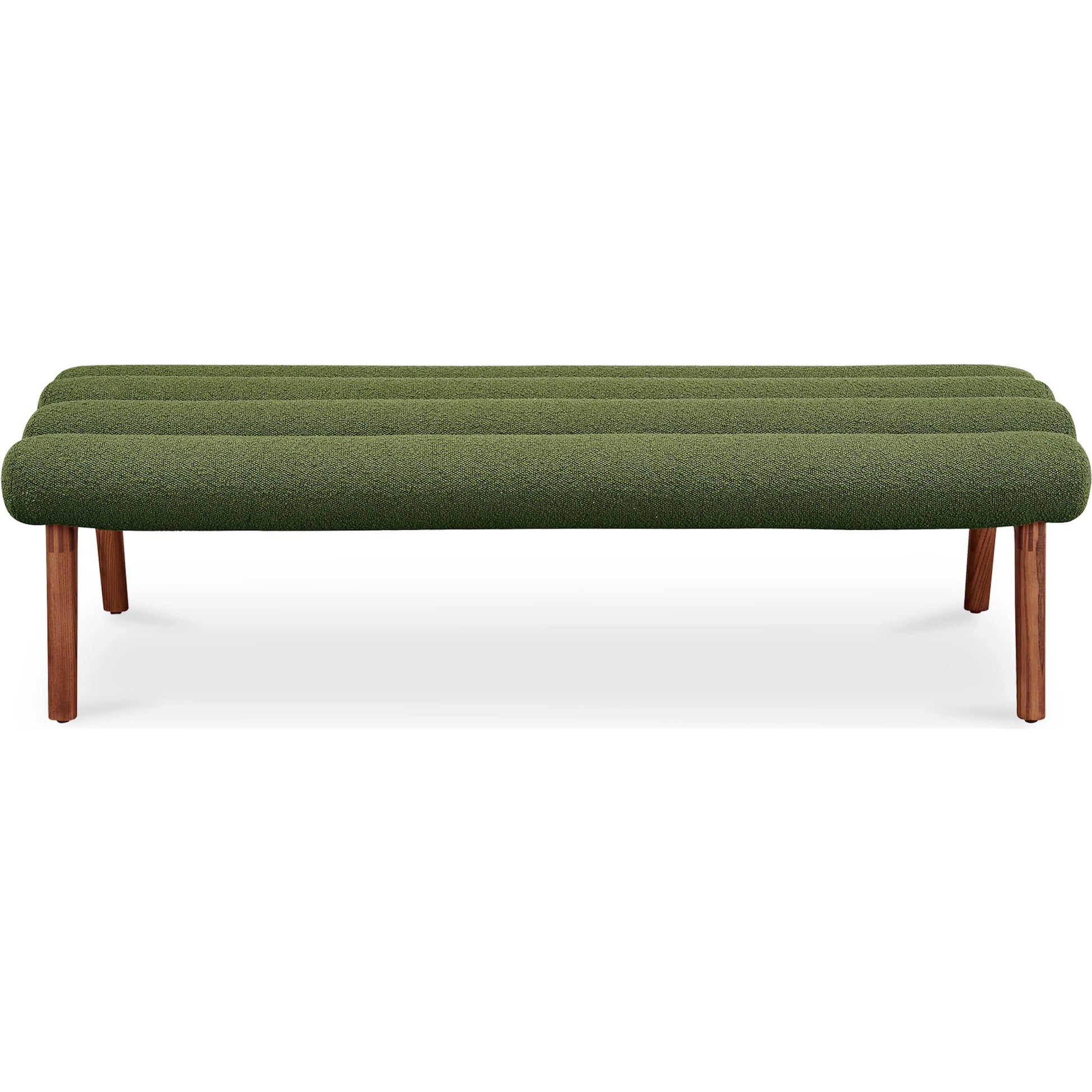 Arlo Bench Performance Fabric by Moe's Home Collection in dark green and walnut. Made from upholstery: 100% polyester, ash wood legs, high density foam seat, plywood, metal frame in a unique style.