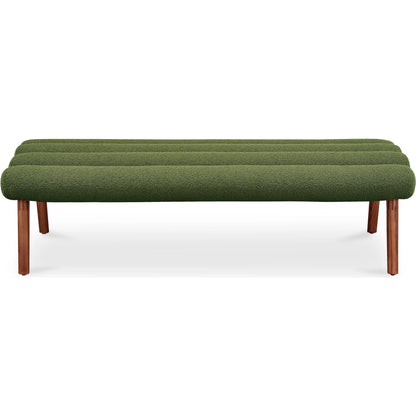 Arlo Bench Performance Fabric by Moe's Home Collection in dark green and walnut. Made from upholstery: 100% polyester, ash wood legs, high density foam seat, plywood, metal frame in a unique style.