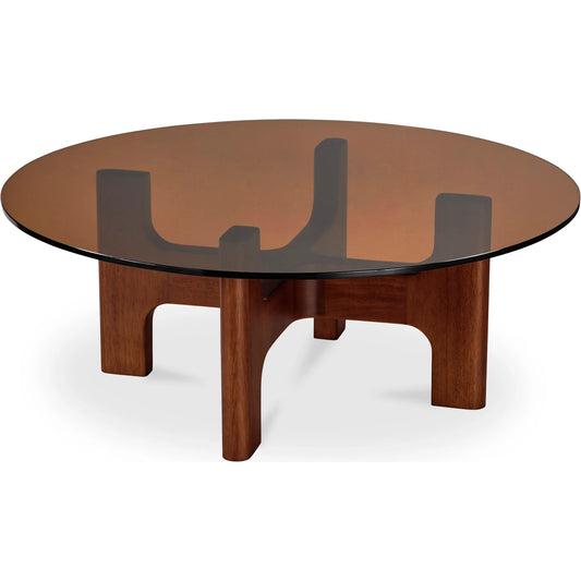 Luke Coffee Table by Moe's Home Collection in light brown. Made from 12mm amber tempered glass, rubber wood legs in a unique style.