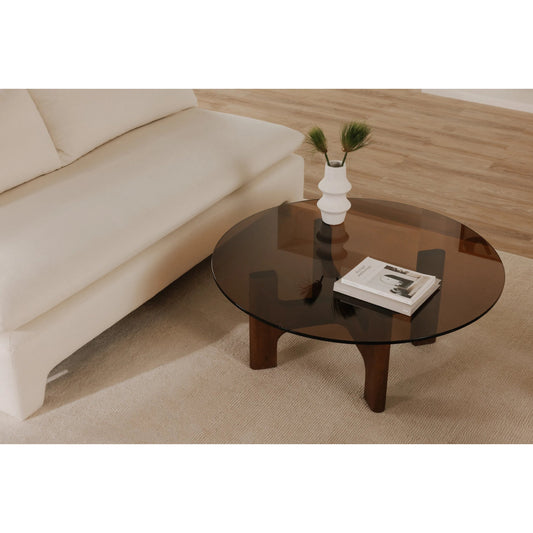 Luke Coffee Table by Moe's Home Collection in light brown. Made from 12mm amber tempered glass, rubber wood legs in a unique style.