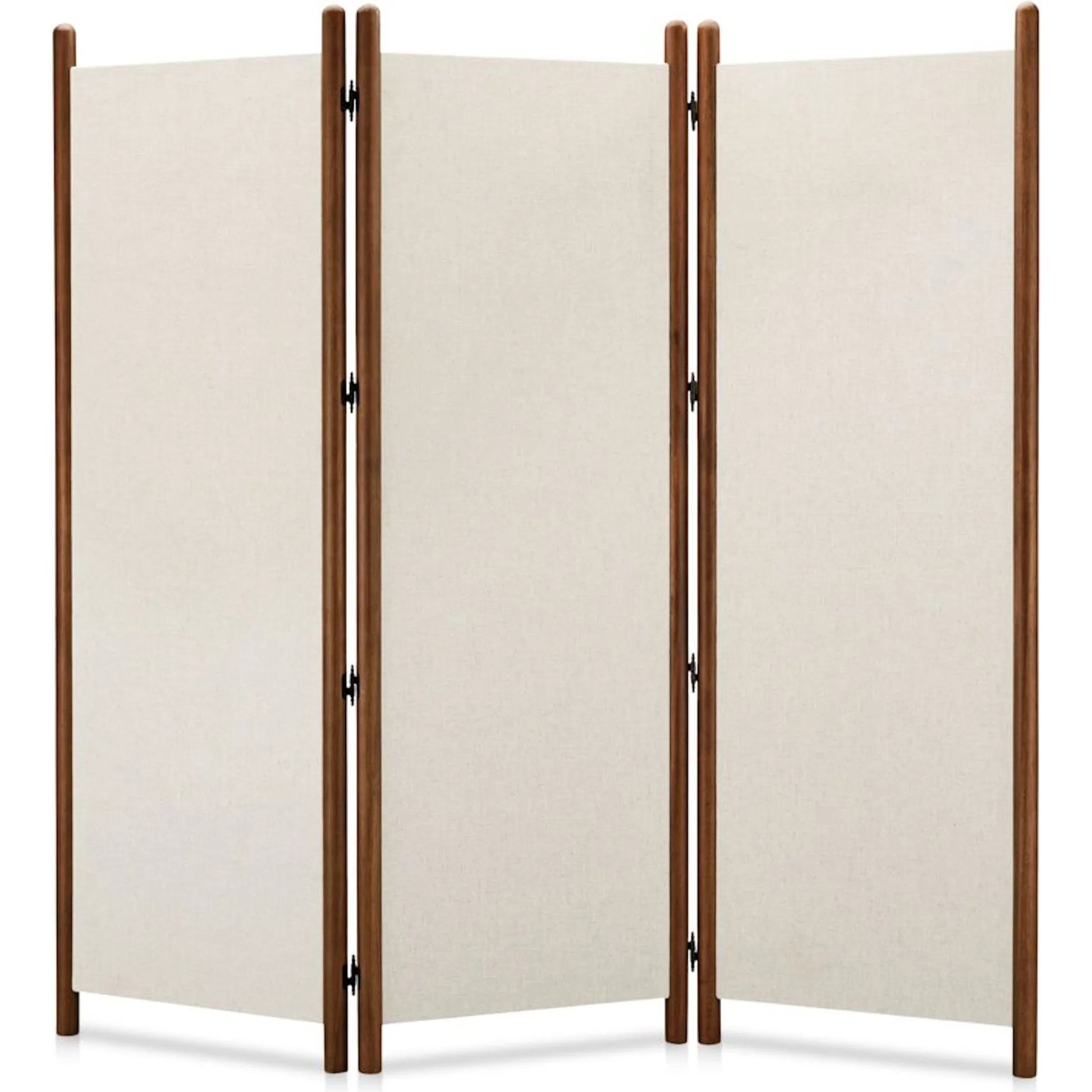 Enni Screen Off by Moe's Home Collection in white and ash walnut. Made from 54% polyester, 36% viscose, 10% linen blend fabric over mdf, solid rubber wood frame, solid rubber frame stained walnut color, mdf in a traditional style.