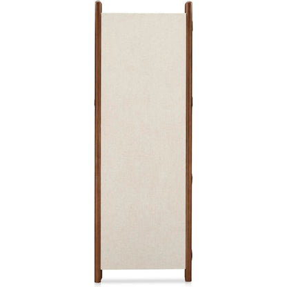 Enni Screen Off by Moe's Home Collection in white and ash walnut. Made from 54% polyester, 36% viscose, 10% linen blend fabric over mdf, solid rubber wood frame, solid rubber frame stained walnut color, mdf in a traditional style.