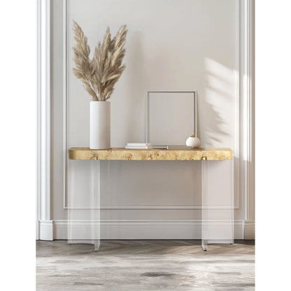 Veil Console Table by Jonathan Charles in natural mappa burl. Made from mappa burl in a modern style.