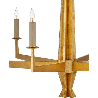 Goldfinch Chandelier by Currey and Company in washed lucerne gold. Made from wrought iron in a modern style.
