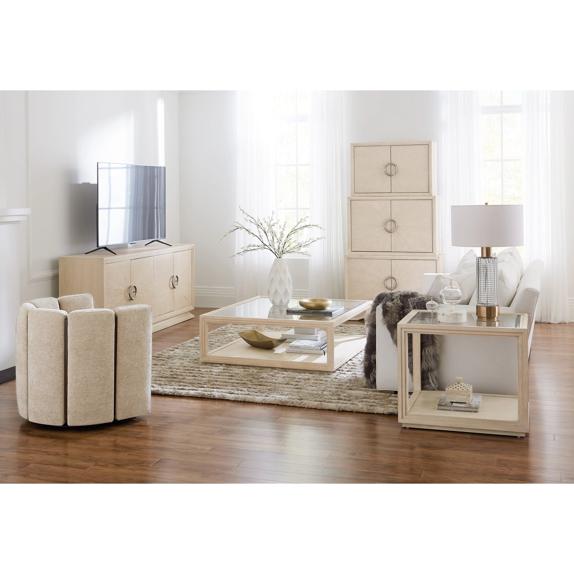 Nouveau Chic End Table by Hooker Furniture in sandstone. Made from oak veneers, tempered glass, metal in a modern style.