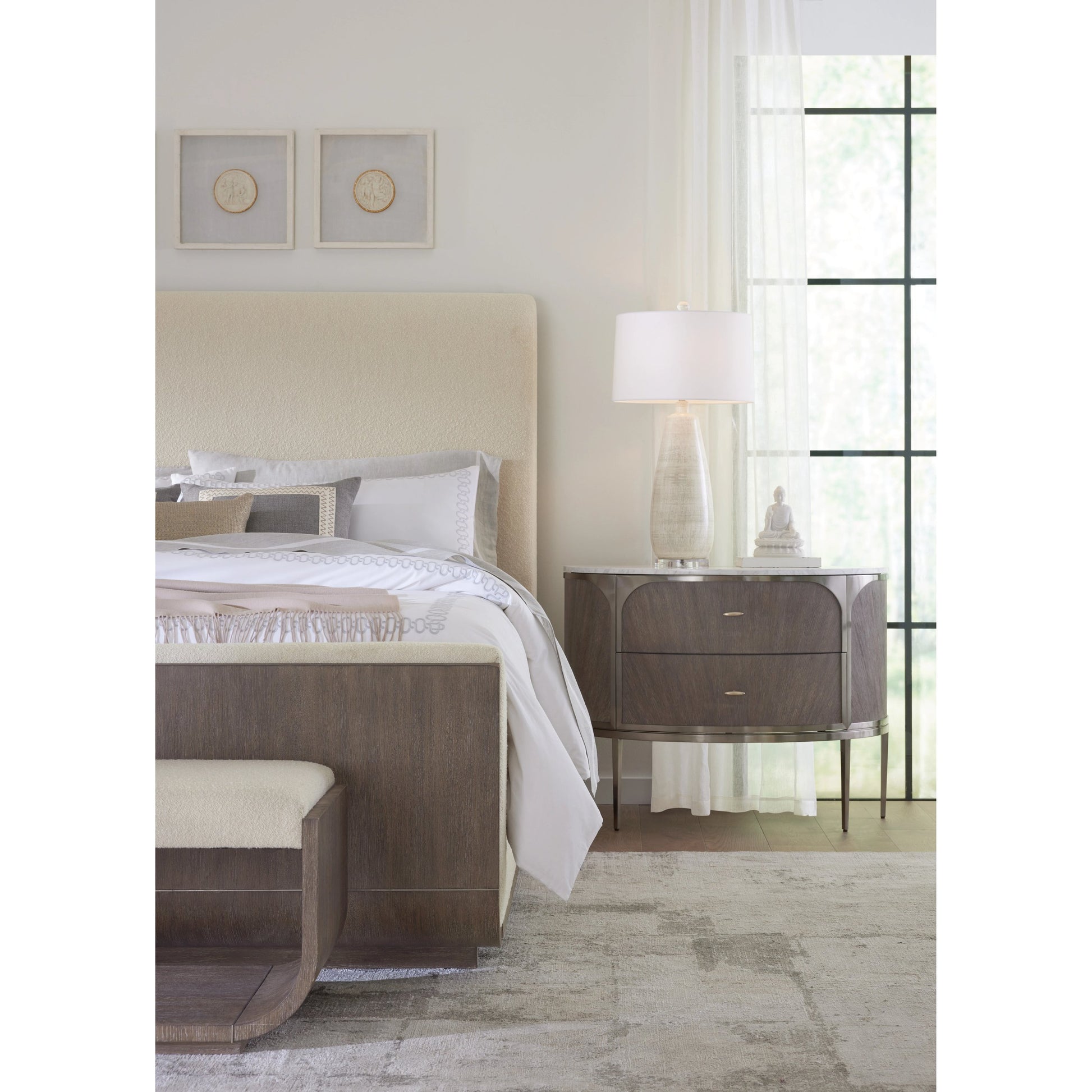 Modern Mood Upholstered Panel Bed by Hooker Furniture in inverness natural. Made from oak veneers, fabric, metal in a modern style.